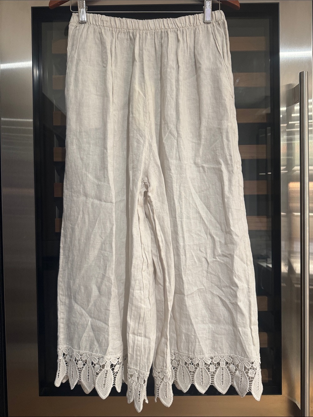 Terzo Millennio Pure Linen Wide Leg Pants Lace Hem Sand Beige Size  L NWT - Picture 2 of 6